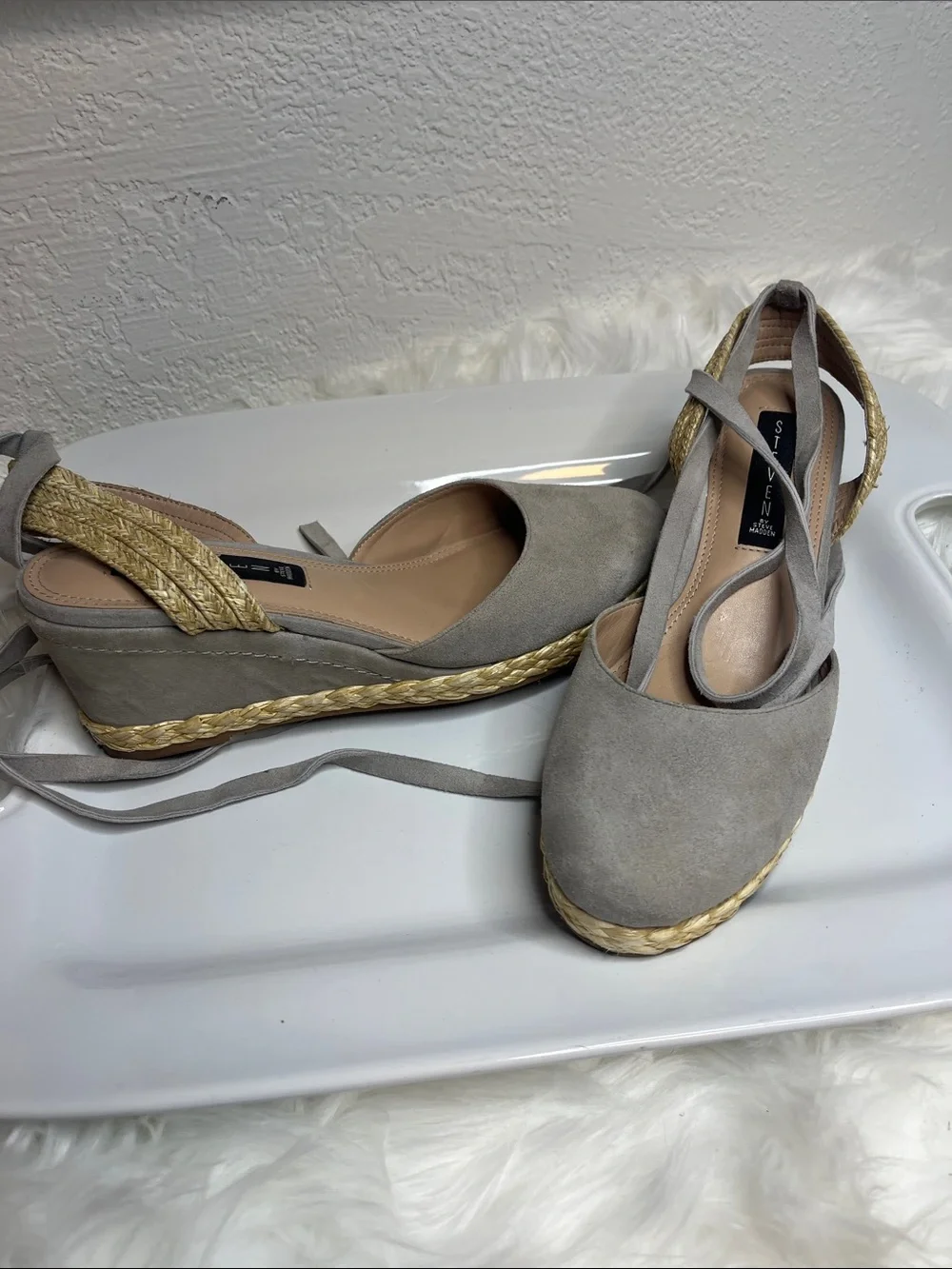 Steven By Steve Madden Gray Suede Espadrille Wedge Sandals with Ankle Tie